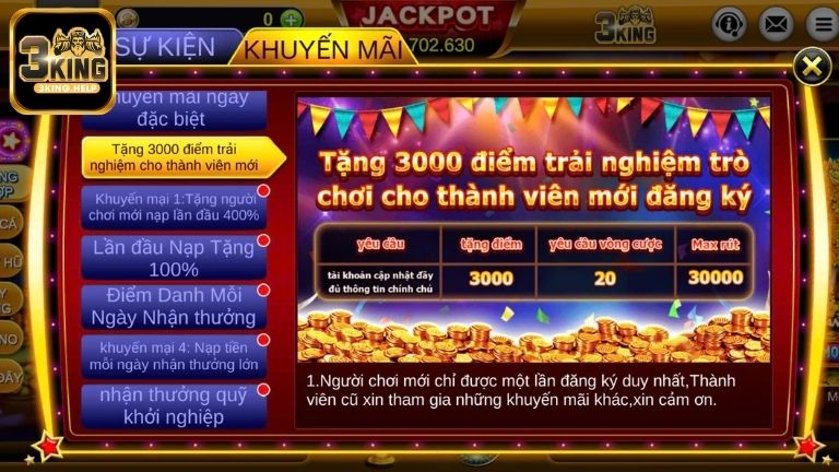 Tặng 3.000 điểm thưởng – Khuyến mãi 3KING hấp dẫn dành cho tân binh